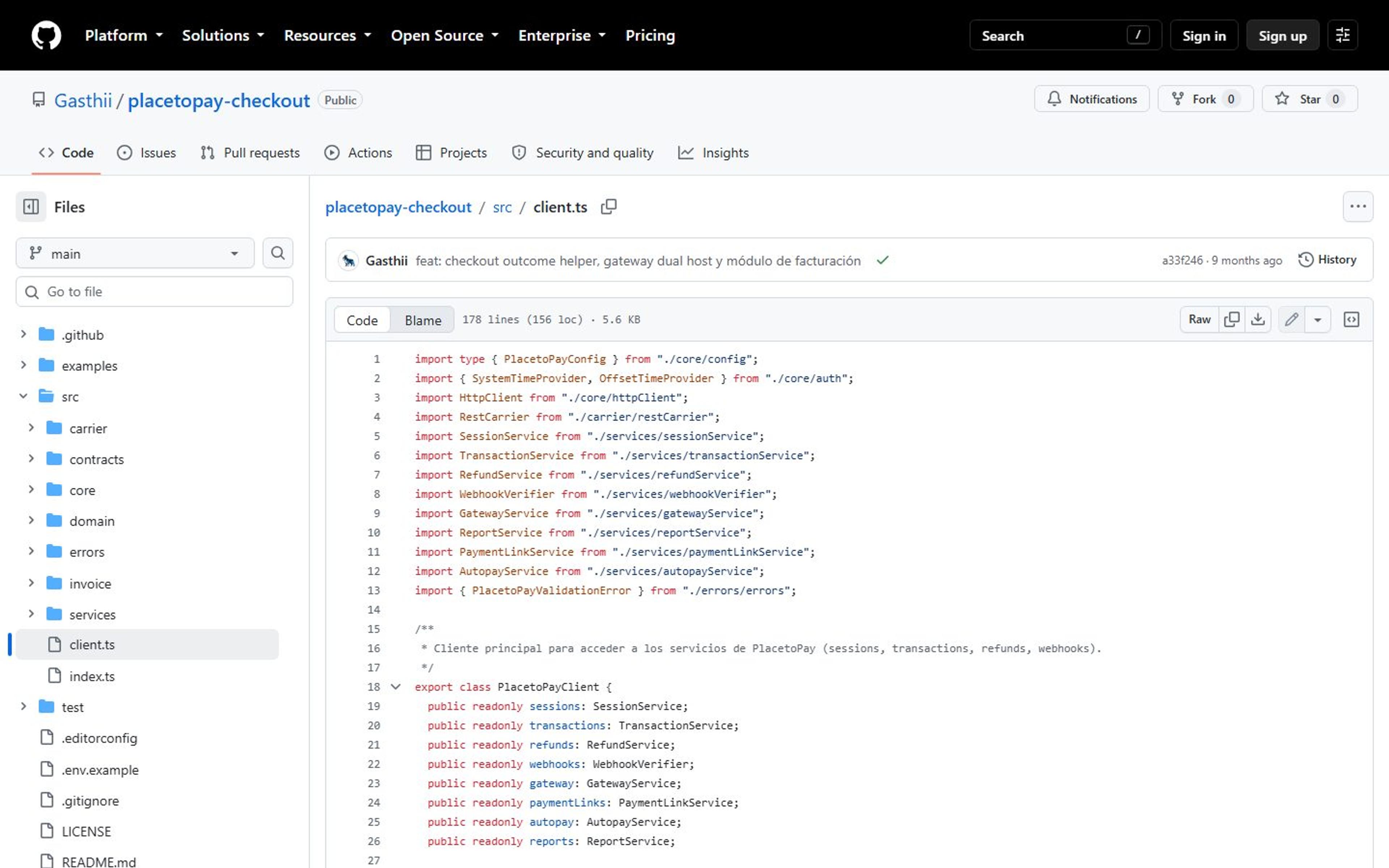Repositorio público mostrando el cliente TypeScript y sus servicios de pago