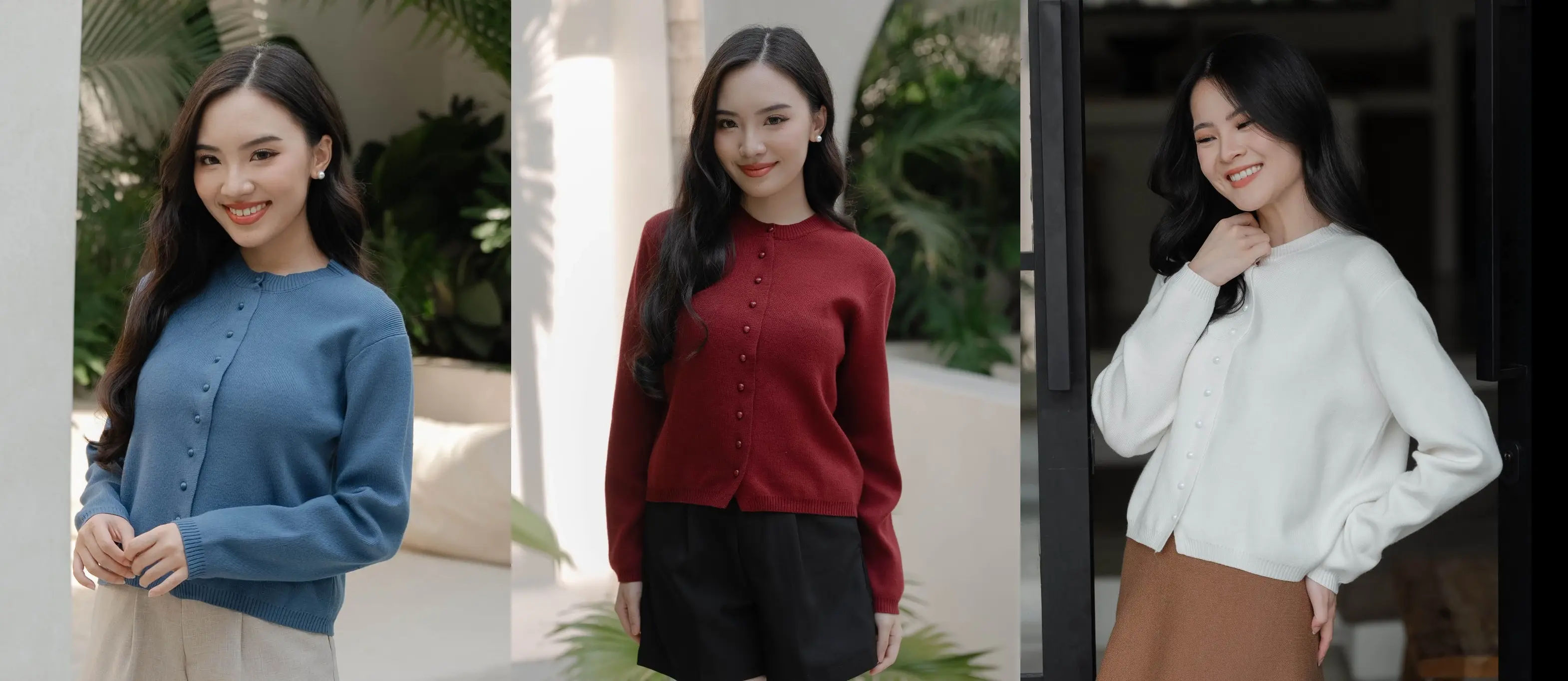 Model mengenakan Juniper Knit Blouse lengan panjang dengan tampilan casual chic dan bahan rajut halus