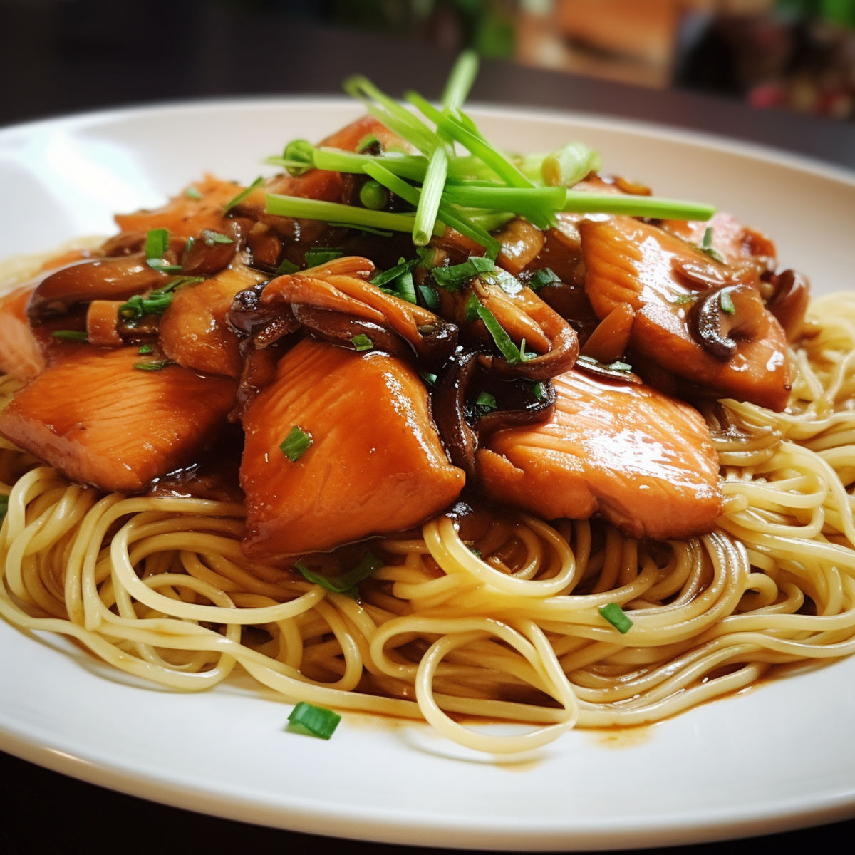Fit těstoviny s restovaným lososem, shiitake houbami v teriyaki omáčce