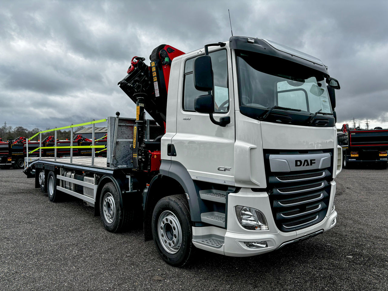 Ready to go DAF CF 480, Cheesewedge, 480, 32 Tonne, Day Cab, Automatic, 28mm Keruing Hardwood Floor, 2 X 9 Tonne Front Axles, Adaptive Cruise Control, AdBlue Tank - 45 Litre, Advanced Emergency Braking System (AEBS), , Palfinger, PK33002-EH | for sale at MV Commercial, the UKs leading Truck, Trailers and Van supplier. (G450285 119186)