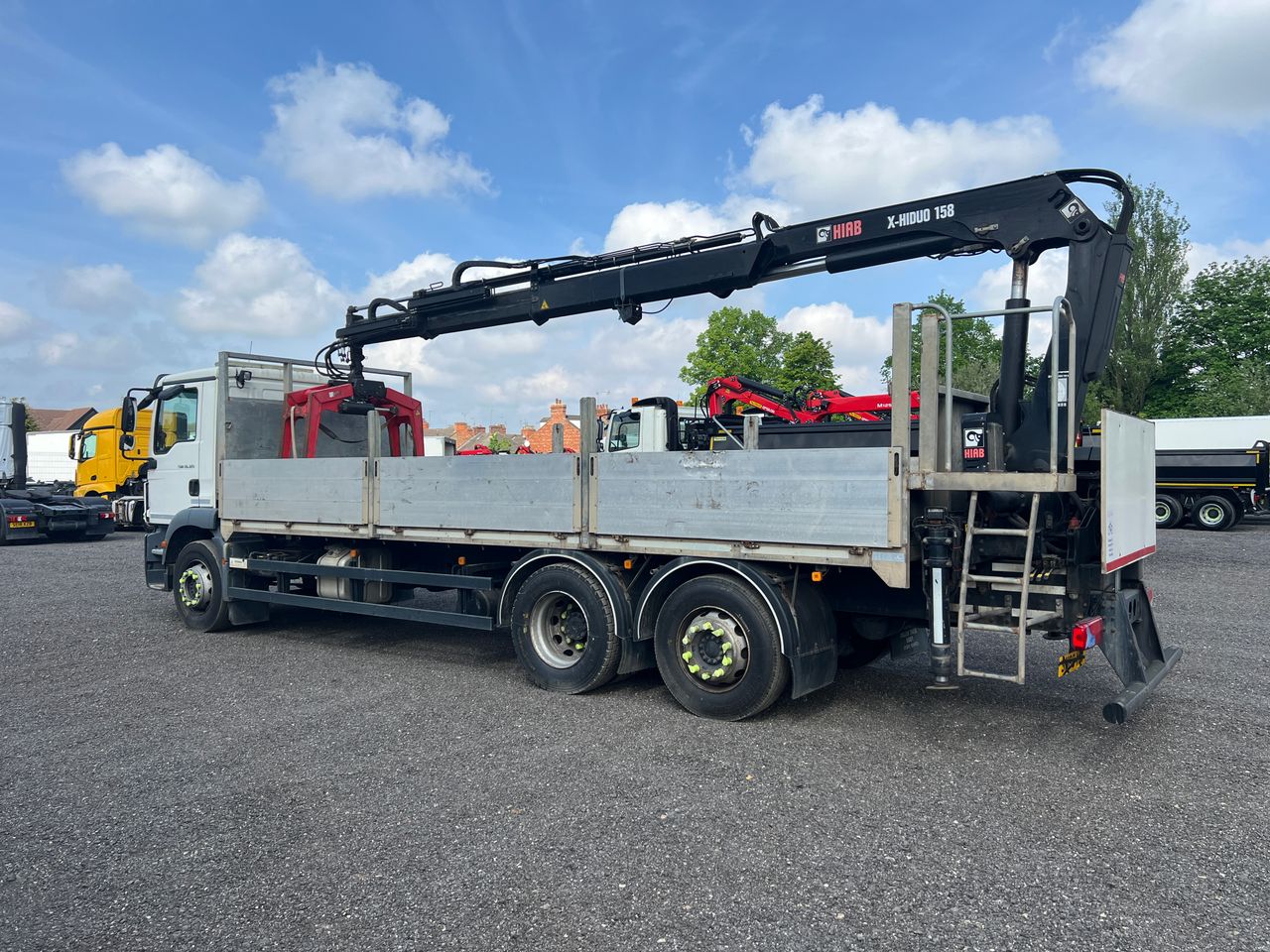 Ready to go MAN TGM 26.320, Brick Grabs, 320, 26 Tonne, Day Cab, Automatic, Cab Sunvisor With LED Lights, Full Aluminium Dropsides, Work Lights, Rear Advert Board Behind Crane in White GRP Finish., Beacon Bar, , HIAB, HIAB 158B-2 c/w Brick Grab | for sale at MV Commercial, the UKs leading Truck, Trailers and Van supplier. (SN68VZW 225984)