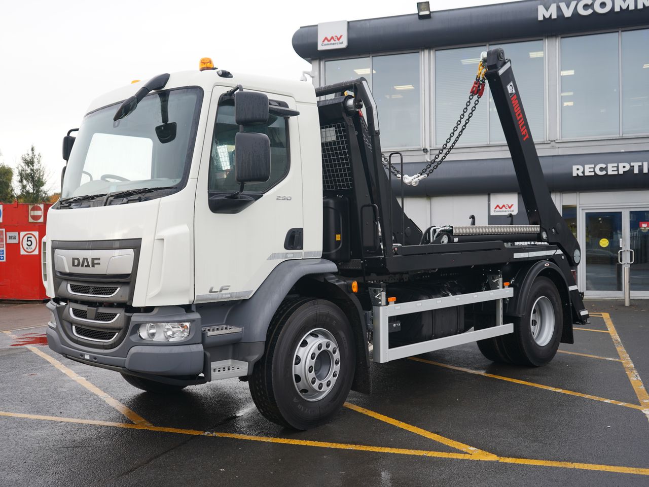 Ready to go DAF LF 290, Skip Loader, 290, 18 Tonne, Day Cab, Automatic, Rear Window in Cab, Multilift Futura Skiploader  , Remote Control for Arm and Tipping, Easy Sheet System, Beacons, , HIAB, - | for sale at MV Commercial, the UKs leading Truck, Trailers and Van supplier. (SN24YCW 91248)