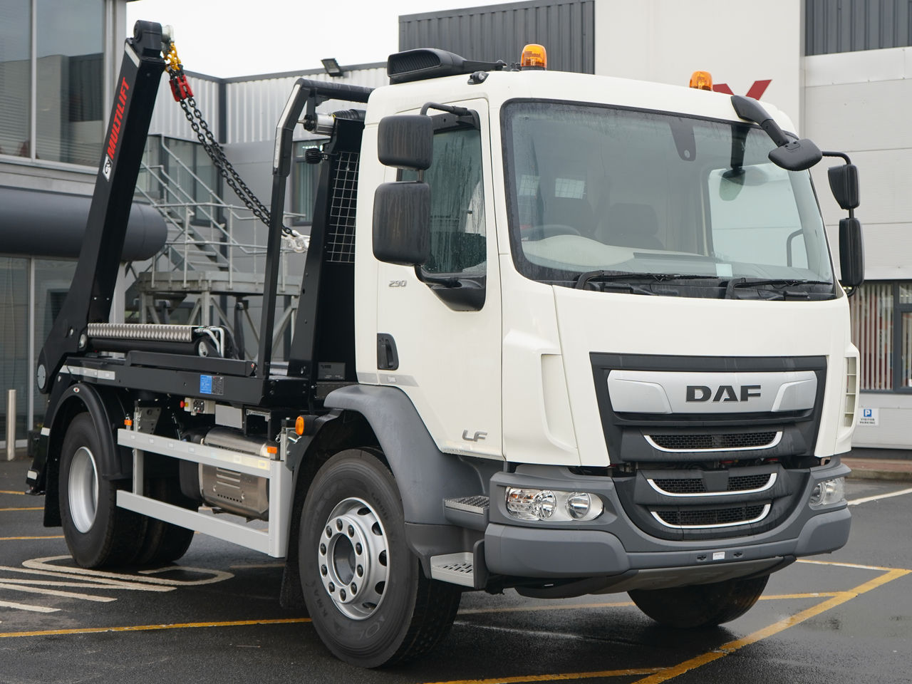Ready to go DAF LF 290, Skip Loader, 290, 18 Tonne, Day Cab, 6-Speed Manual Gearbox, Multi Function Steering Wheel, Drivers Seat & Twin Passenger Seats, Rear Window in Cab, 2x  Flashing Beacons on Roof, Skip Stays, , Multilift, - | for sale at MV Commercial, the UKs leading Truck, Trailers and Van supplier. (SN23YKV 96619)