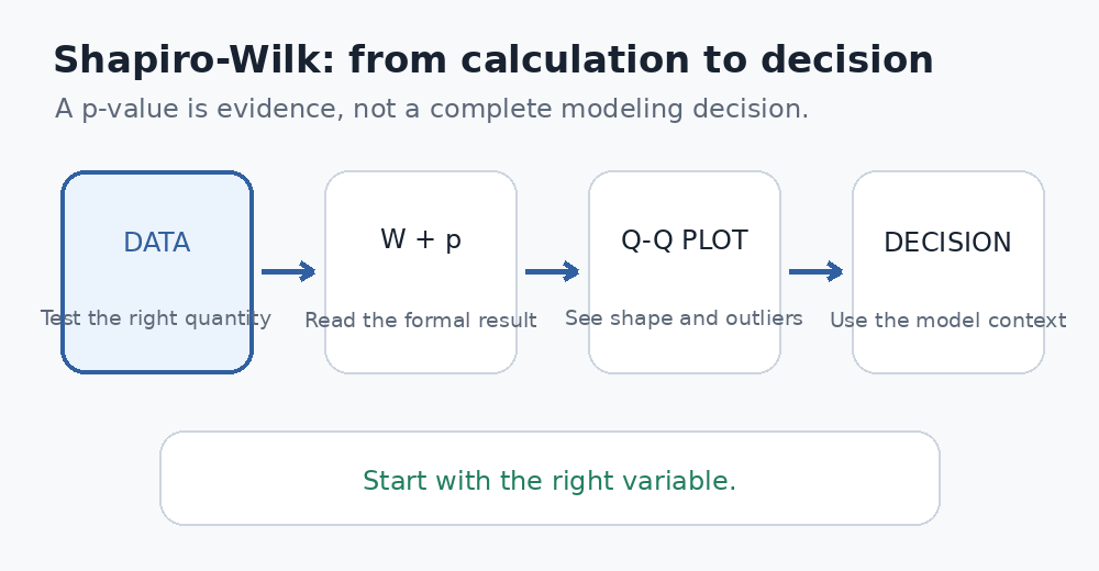 Animated workflow showing data entry, Shapiro-Wilk W and p-value, Q-Q plot inspection, and the final analysis decision.