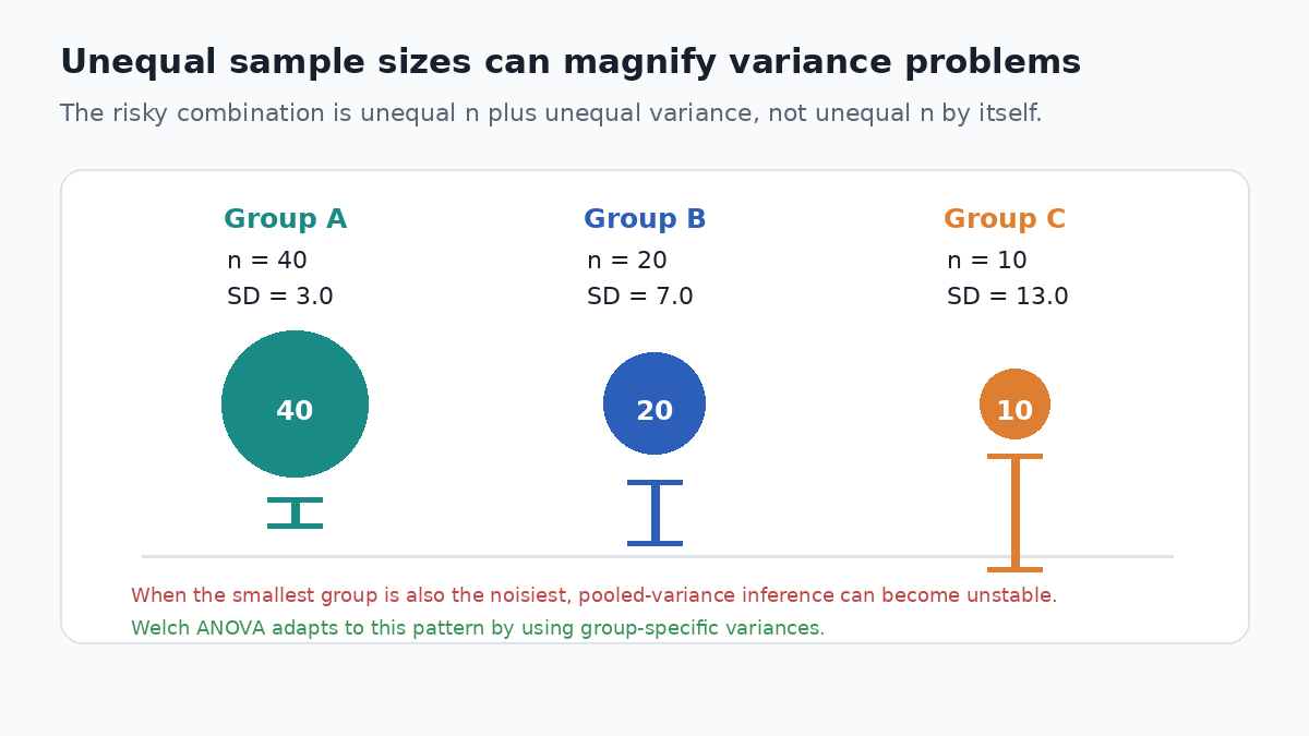 Diagram showing three groups with different sample sizes and standard deviations, emphasizing a small high-variance group.