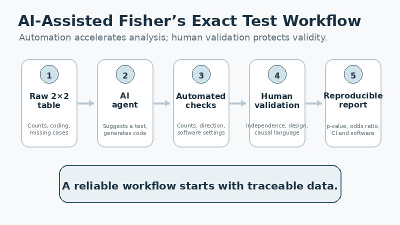 Animated AI-assisted statistical workflow from a 2 by 2 table to human validation and reproducible reporting.