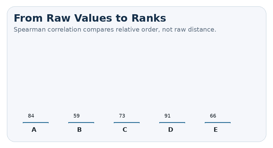 Animated figure: Raw observations are converted into relative ranks before the association is calculated.