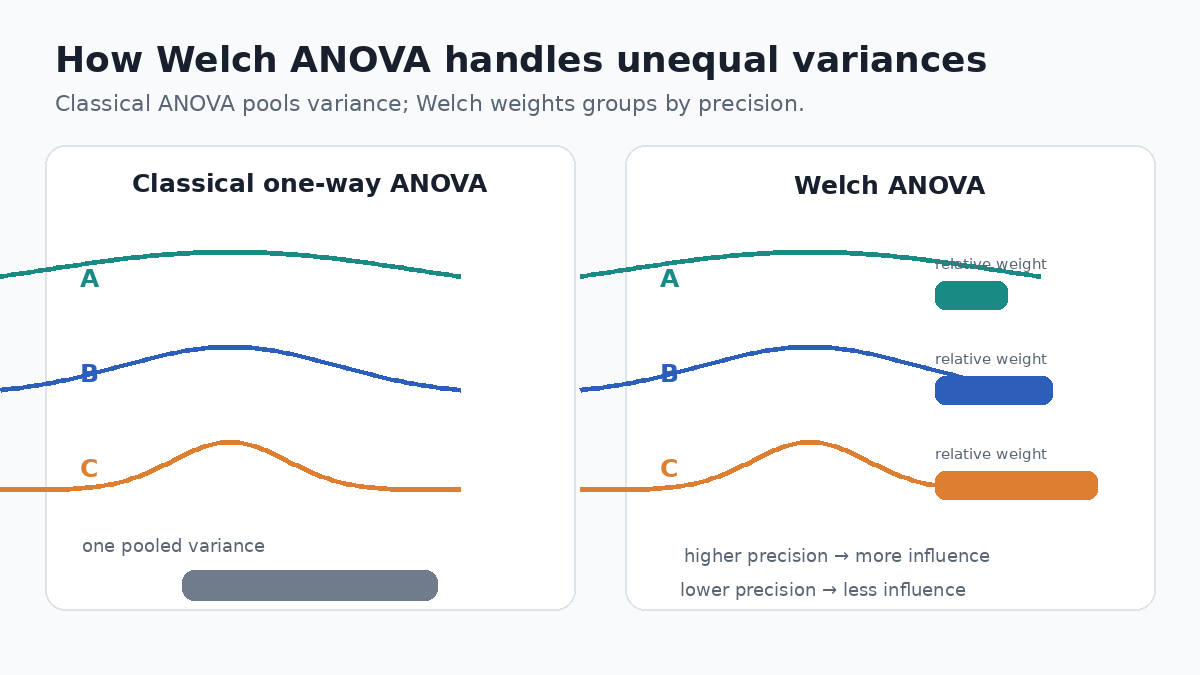 Diagram comparing pooled variance in classical one-way ANOVA with precision weighting in Welch ANOVA.