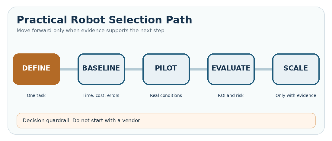 Animated robot selection path showing define, baseline, pilot, evaluate, and scale