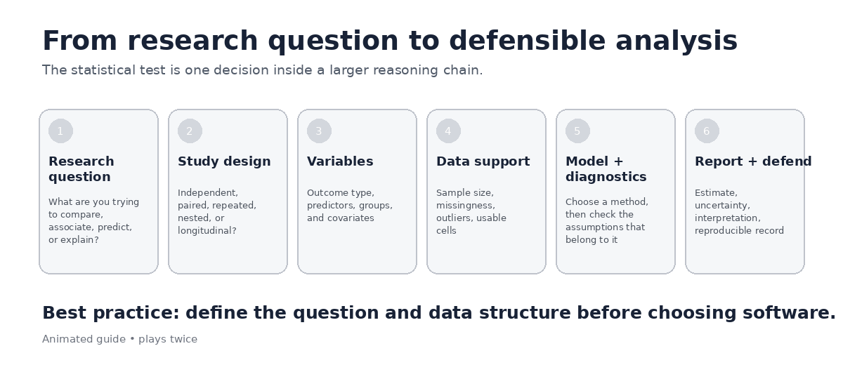 Animated six-stage workflow from research question and study design through model diagnostics, reporting, and defense.