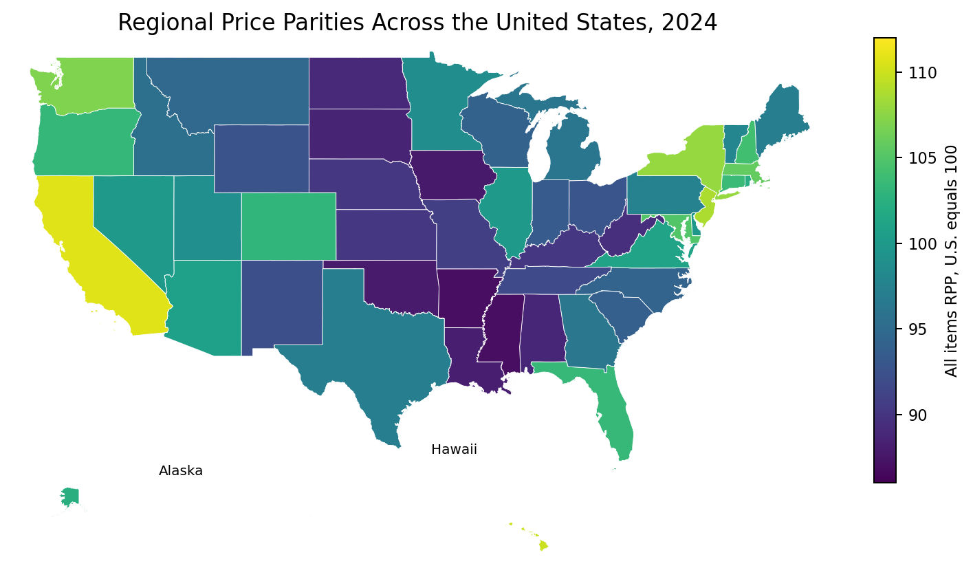 Regional price parity by state map for 2024 with the U.S. benchmark equal to 100