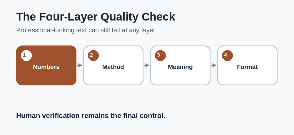Animated four-layer quality check covering numbers, method, meaning, and format