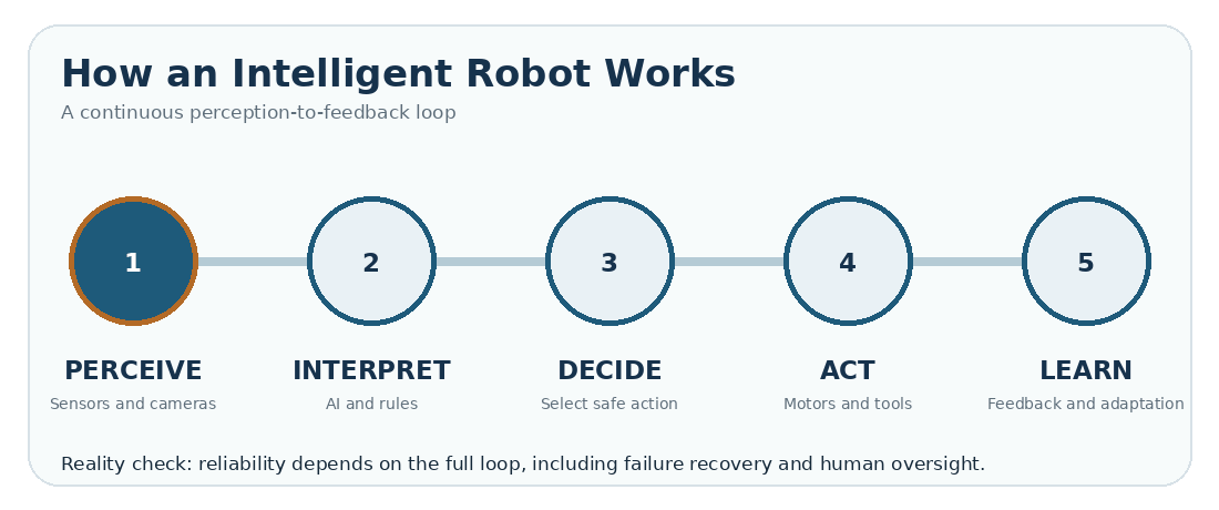 Animated five-step robot intelligence loop showing perceive, interpret, decide, act, and learn