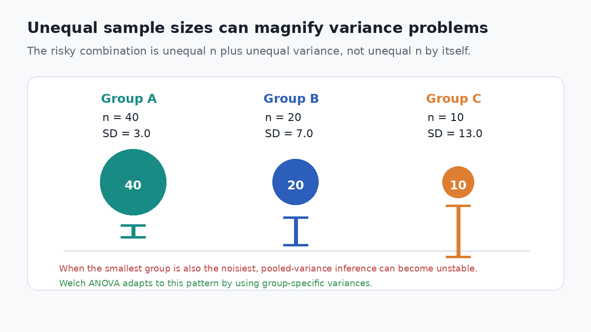 Animation showing three groups with different sample sizes and standard deviations, emphasizing a small high-variance group.