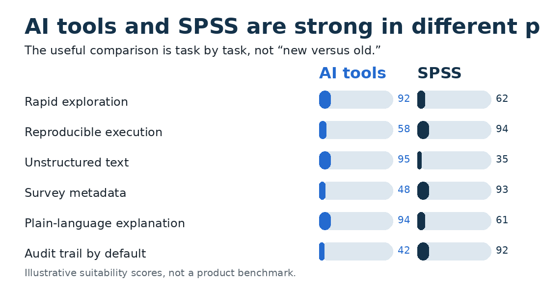 Animated bar comparison of AI tools and SPSS across statistical tasks