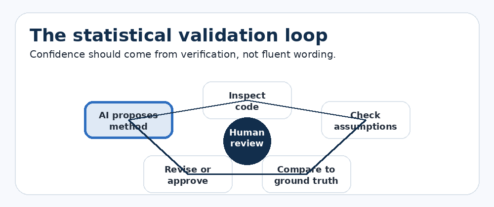 Animated validation loop showing method proposal, code inspection, assumption checking, ground-truth comparison and revision.