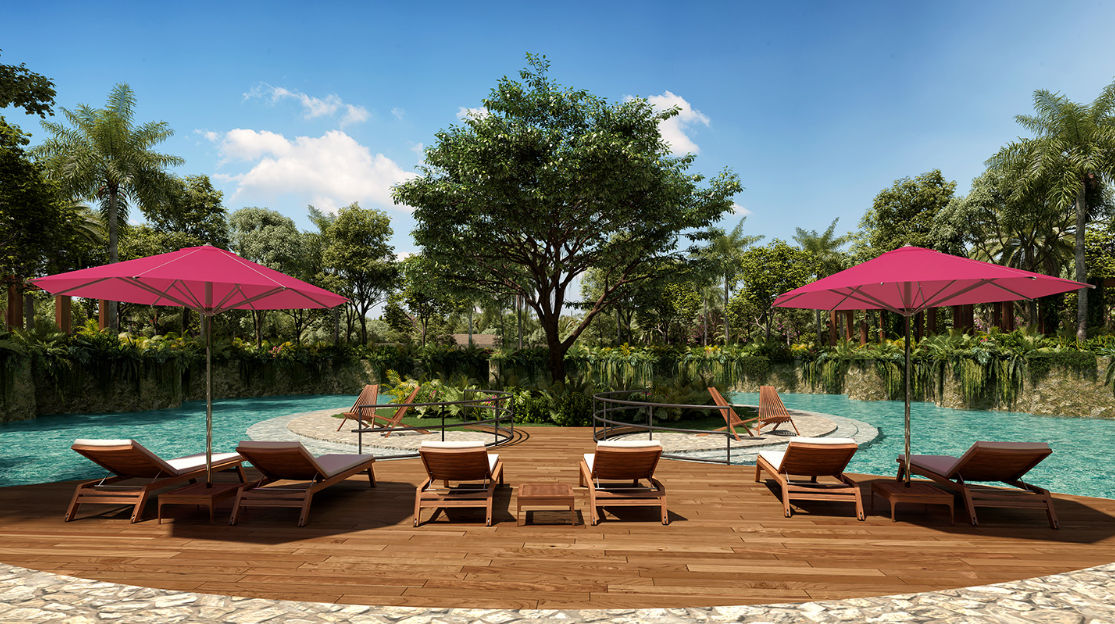 Amenidades exclusivas y piscina en los lotes residenciales de Gran Telchac Piscina, camastros y área de relajación rodeada de naturaleza en la Casa Club de Gran Telchac, Yucatán