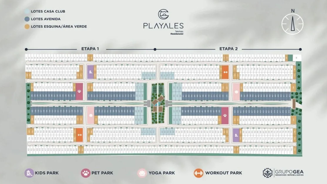 Master Plan y mapa de terrenos en venta en Playales Telchac Residencial Plano maestro del desarrollo Playales Telchac Residencial mostrando la distribución de lotes, etapas 1 y 2, y amenidades temáticas en Yucatán