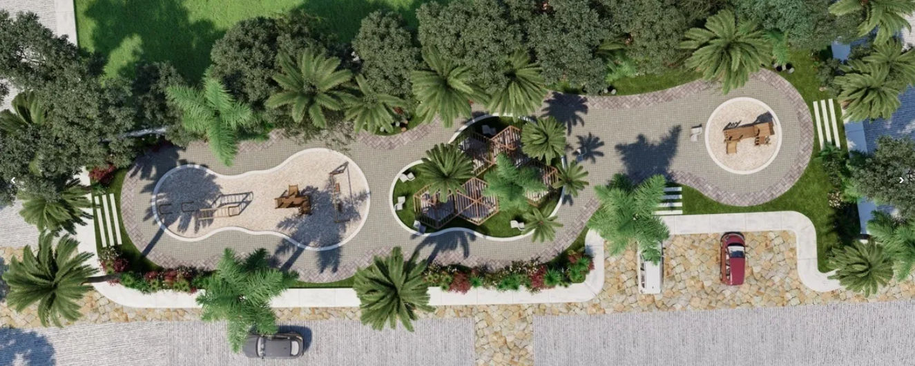 Amenidades y diseño urbano en Silvesta Residencial Mérida Vista aérea de los parques temáticos y áreas verdes con juegos en Silvesta Residencial, desarrollo en Mérida
