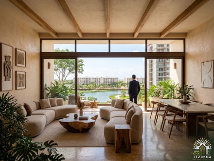 Inversión patrimonial segura: Comprar departamento en Mérida 2027 con Itzimna Real Estate Hombre contemplando la vista al lago desde la sala de un lujoso desarrollo residencial, mostrando el estilo de vida ideal al comprar departamento en Mérida 2027