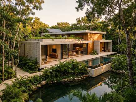 Proyecto residencial de lujo y alta plusvalía en la naturaleza - Itzimna Real Estate Casa moderna sustentable con piscina rodeada de selva, ejemplo arquitectónico al comprar terreno Yucatán 2027