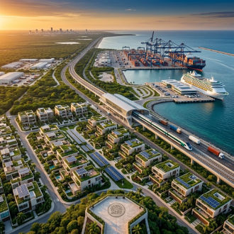 Infraestructura Costera y Crecimiento Inmobiliario en Yucatán 2027 Vista aérea de desarrollos residenciales ecológicos, puerto de altura y vías de tren impulsando el crecimiento inmobiliario Yucatán 2027