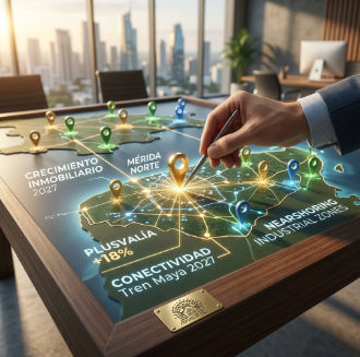 Proyección y Zonas Clave del Crecimiento Inmobiliario Yucatán 2027 Mapa interactivo analizando el crecimiento inmobiliario Yucatán 2027, destacando la plusvalía del 18%, Mérida Norte, el Tren Maya y zonas de nearshoring industrial