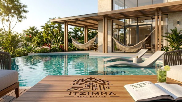 Amenidades exclusivas y estilo de vida premium en desarrollos residenciales Mérida 2027 Terraza de lujo con alberca y hamacas en desarrollos residenciales Mérida 2027 por Itzimná Real Estate