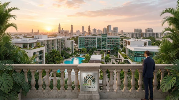 Desarrollo y Oportunidades de Inversiones Inmobiliarias en Mérida 2027 - Itzimna Real Estate Inversionista observando el panorama urbano para inversiones inmobiliarias en Mérida 2027 junto al logo de Itzimna Real Estate