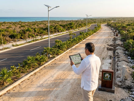 Visita y asesoría en desarrollos inmobiliarios frente al mar en Yucatán - Itzimna Real Estate Asesor de Itzimna Real Estate revisando plano en tablet de terrenos para invertir en la costa yucateca 2027