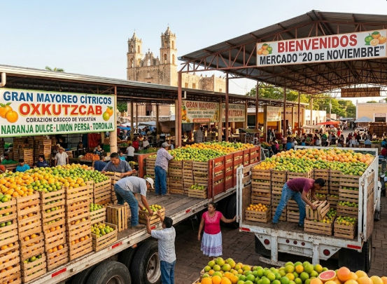 Venta al por mayor en el Mercado 20 de Noviembre de Oxkutzcab Mercado Mayorista de Cítricos en Oxkutzcab Yucatán - Naranjas Limones y Toronjas Frescas