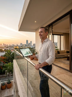 Inversión inmobiliaria y planes para vivir en Mérida 2027 con Itzimná Real Estate Hombre en balcón de departamento de lujo analizando gráfica de crecimiento para sus planes para vivir en Mérida 2027