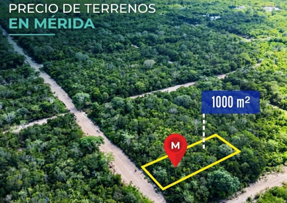 Guía de inversión: Análisis del precio de terrenos en Mérida por metro cuadrado Vista aérea de un terreno residencial en venta de 1000 m2 en Mérida Yucatán con indicadores de ubicación y plusvalía