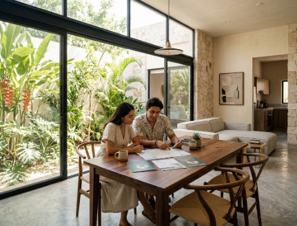 Asesoría y planeación para invertir en preventa de departamentos Mérida 2027 con Itzimna Real Estate Pareja joven revisando documentos de inversión para la preventa de departamentos en Mérida Yucatán dentro de un departamento moderno con jardín tropical