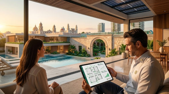 Asegura tu patrimonio y descubre la rentabilidad inmobiliaria Mérida a futuro con Itzimna Real Estate Pareja de inversionistas analizando gráficas de retorno y la rentabilidad inmobiliaria Mérida a futuro desde una residencia premium con piscina y vista a la catedral