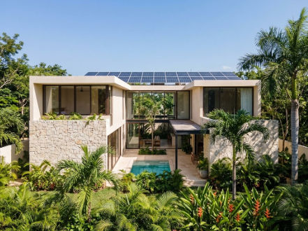 Tendencias de bienes raíces Mérida 2027: Arquitectura bioclimática y sustentabilidad en Yucatán Casa residencial moderna con paneles solares, alberca y muros de piedra rodeada de vegetación, ejemplo de las tendencias de bienes raíces Mérida 2027