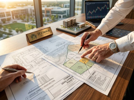 Planificación estratégica y asesoría para invertir en terrenos comerciales Mérida futuro Inversionistas analizando planos de desarrollo para terrenos comerciales Mérida futuro en oficina de Itzimna Real Estate