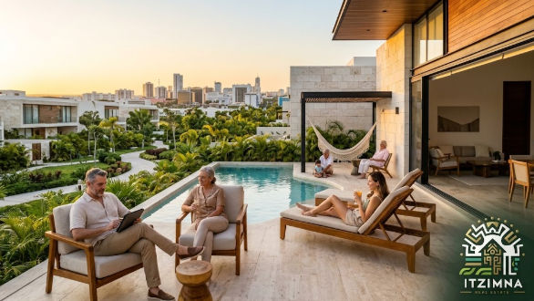Inversión en residencias premium dentro de las zonas de alta plusvalía Yucatán 2027 - Itzimná Real Estate Familia disfrutando de una residencia de lujo con alberca y vista a la ciudad, reflejando el estilo de vida en las zonas de alta plusvalía Yucatán 2027