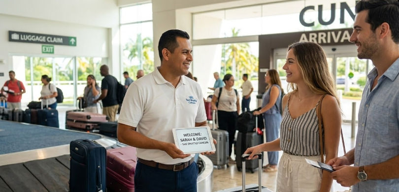 Private driver from Taxi Shuttle Cancun greeting travelers at Cancun Airport for their transportation from airport.