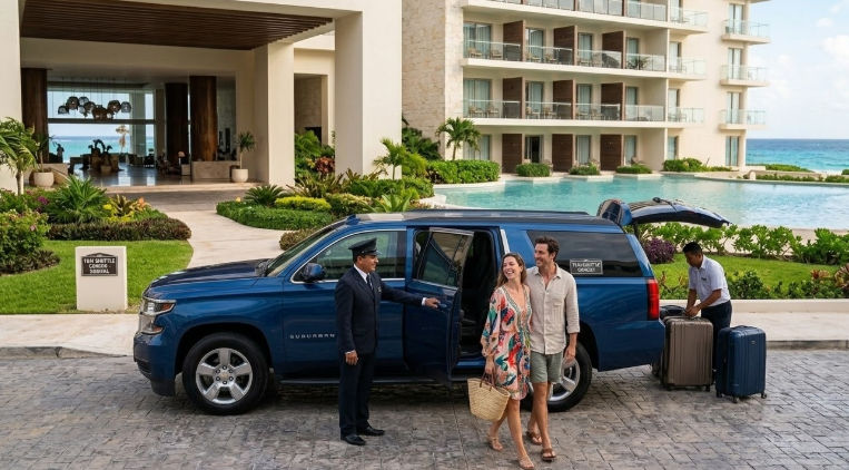 Llegada de traslado privado a resort en Cancún con Taxi Shuttle Cancun y Suburban azul
