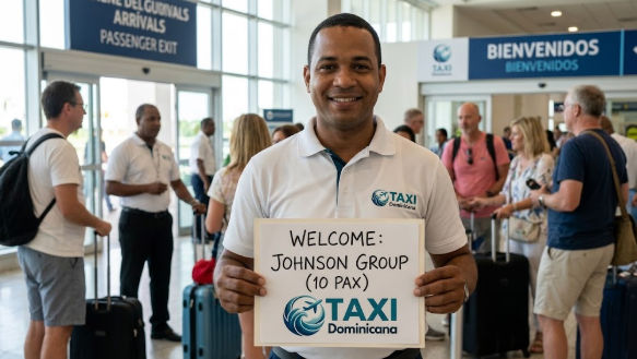 Friendly private driver holding a welcome sign for a 10 passenger group at Punta Cana airport arrivals