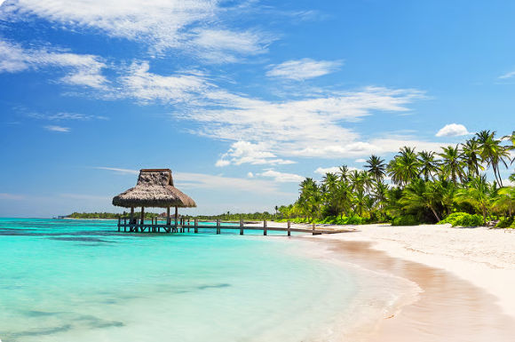 Tropical beach with turquoise water, white sand, palm trees, and a thatched-roof hut on a dock
