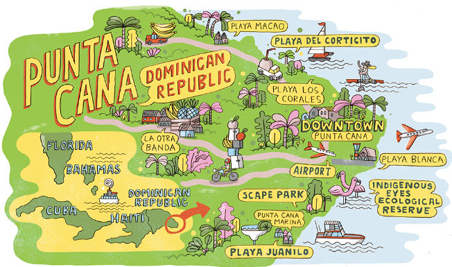 A whimsical, illustrated tourist map of Punta Cana, Dominican Republic, showcasing key locations and activities with a regional inset map.