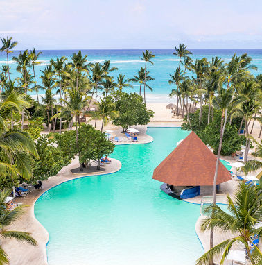 Aerial view of a tropical resort with a large swimming pool, thatched roof bar, palm trees, and ocean beach