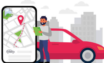 Hombre solicitando servicio de taxi mediante aplicación móvil con mapa de ruta