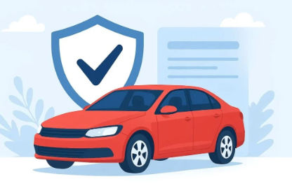 Ilustración vectorial plana de un sedán rojo delante de un escudo de seguridad azul con una marca de verificación y un documento de póliza borroso, sobre un fondo azul claro con nubes.