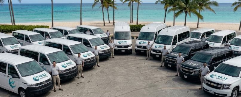 Fleet of tourist transportation vehicles, including white vans and black SUVs, with staff, parked by a palm-tree-lined beach with the ocean.