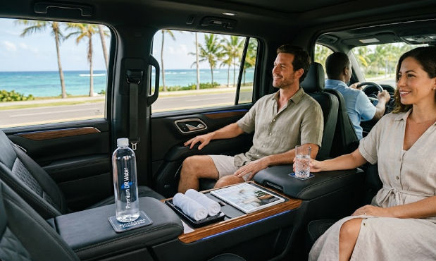 Couple in a luxury private transfer vehicle with scenic coastal views in Punta Cana