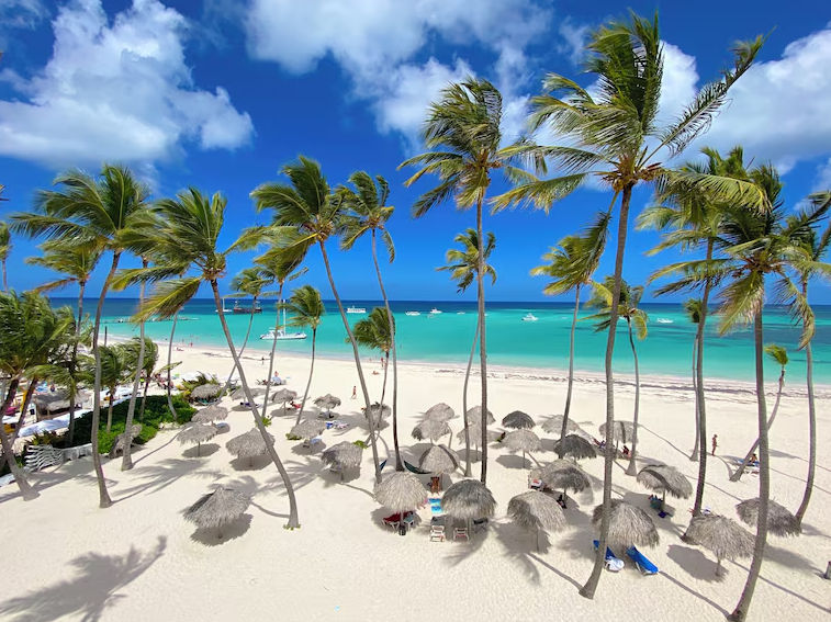 View from a balcony with a white table and chairs overlooking the swimming pool and tropical gardens at a Punta Cana hotel.