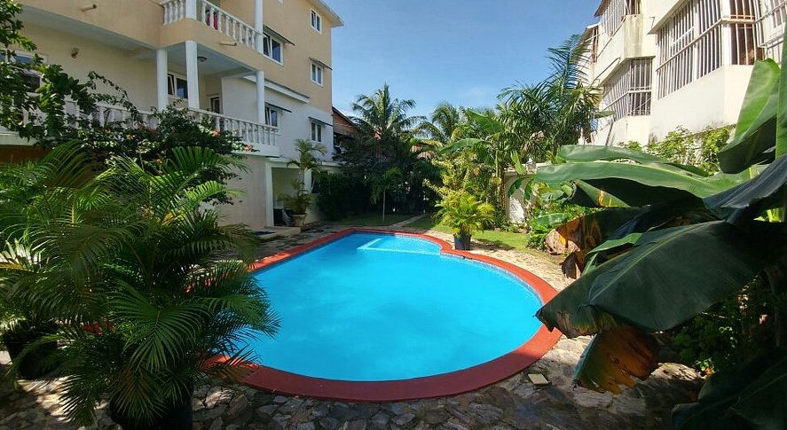 A sun-drenched courtyard featuring a multi-story hotel building with yellow and white walls and balconies. A large, vibrant pink bougainvillea bush dominates the scene. In the foreground, numerous potted palms and other greenery surround a portion of a bright blue swimming pool.
